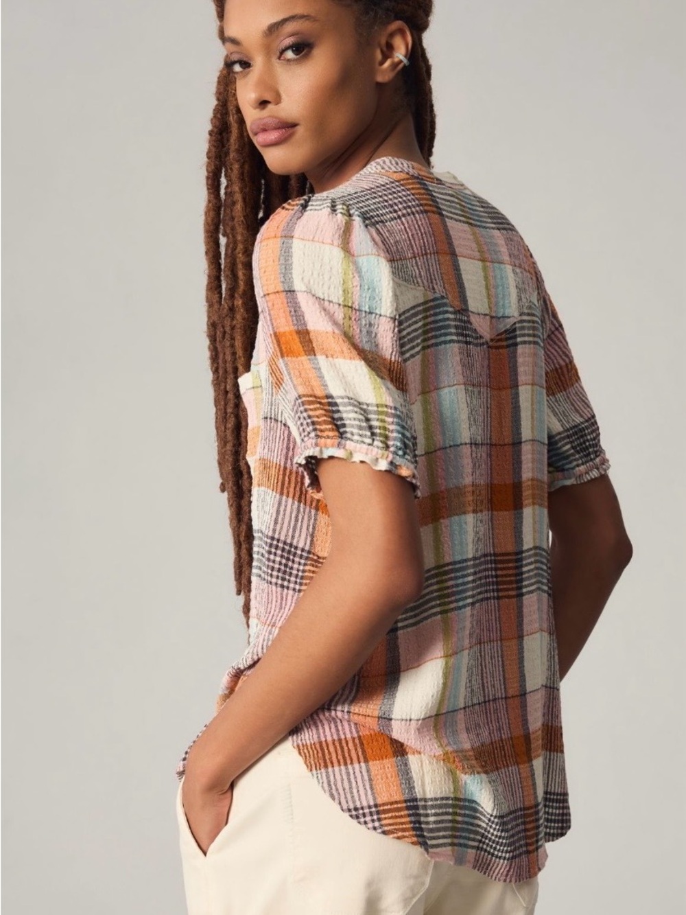 Plaid Aly Puff-Sleeve Blouse by Pilcro, Anthropologie - Picture 2 of 8